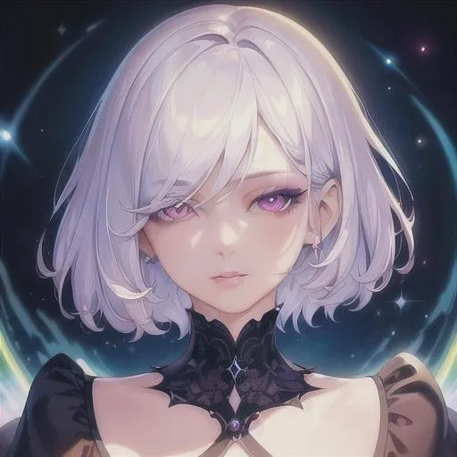 Prompt: (masterpiece, illustration, best quality:1.2), short trimmed white hair, cosmic eyes, wearing black nightgown, best quality face, best quality, best quality skin, best quality eyes, best quality lips, ultra-detailed eyes, ultra-detailed hair, ultra-detailed, illustration, colorful, soft glow, 1 girl