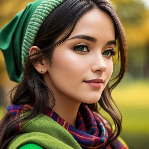 Prompt: a woman wearing a green scarf