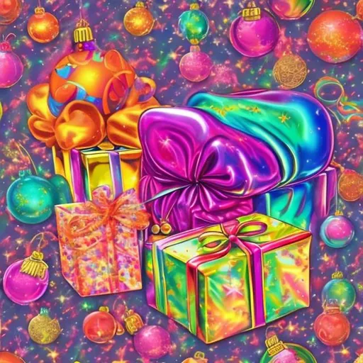 Prompt: Christmas gifts in the style of Lisa frank