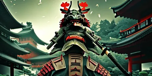 Prompt: Samurai with the head of roach background peaceful forest