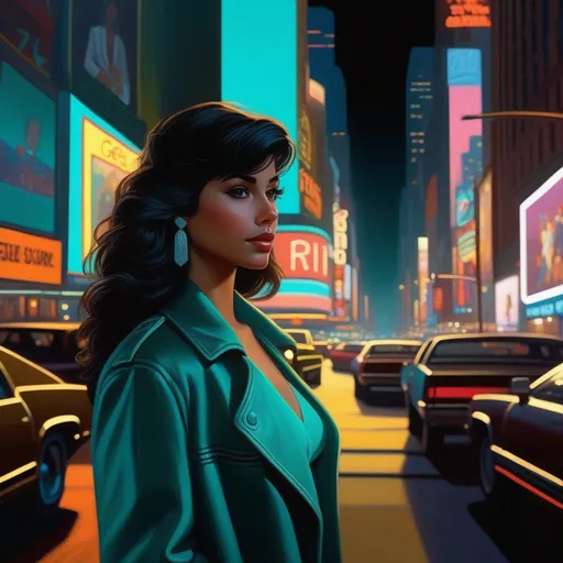 Prompt: Third person, gameplay, Puerto Rican-American girl, pale olive skin, black hair, brown eyes, 1980s, Times Square at night, neon, cold teal atmosphere, cartoony style, extremely detailed painting by Greg Rutkowski and by Henry Justice Ford and by Steve Henderson 

