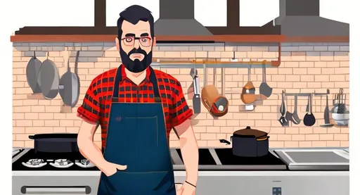 Prompt: A dad in a red Buffalo flannel and denim apron leaning against a kitchen stove with his hands in his pockets, vector image style