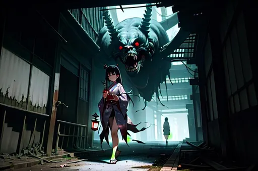 Prompt: beautiful japanese girl wandering in a derelict corridor at night, holding a lantern, accurate anatomy, anatomically correct, sculpted face, mysterious, magical feeling, hyper detailed, sharp focus, ultra fine details, dreadful, horror, 4K