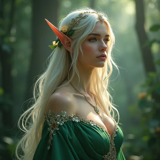 Prompt: Adult slim female elf royalty, graceful posture, ethereal elegance, adorned in intricate silver and emerald robes, wearing a delicate crown, long flowing hair adorned with flowers, serene expression, surrounded by enchanted forest backdrop, magical soft lighting highlighting her features, enchanting atmosphere, mystical aura, ultra-detailed, high quality.