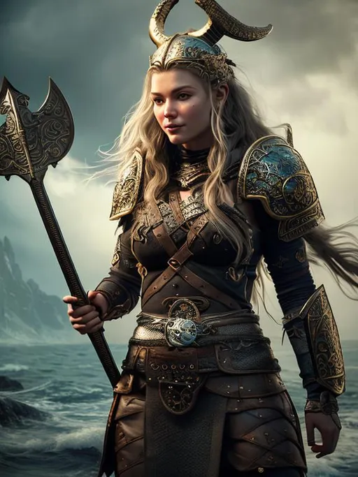 Prompt: unreal engine, masterpiece, highly detailed, smiling woman as a viking warrior holding a sword, wearing a horned helmet with intricate details, standing in a viking boat on the see, approaching a shore with the beach line and deep forest in the background, stormy weather, studio lightning, octane render, hands with five fingers
