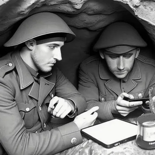 Prompt: Bro got bored in a world war 1 trench and thus is watching youtube on their phone, black and white
