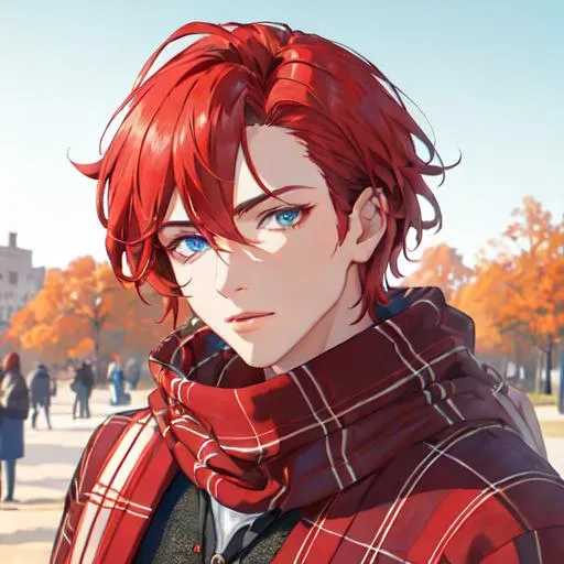 Prompt: Zerif 1male (Red side-swept hair covering his right eye, blue eyes), highly detailed face, wearing a cozy flannel shirt and a pair of stylish jeans. In the park, fall.  wearing a scarf, looking up at the sky, in a pumpkin patch, adult. Handsome,  detailed, UHD, HD, 4K, highly detailed, red haze, masculine, anime style