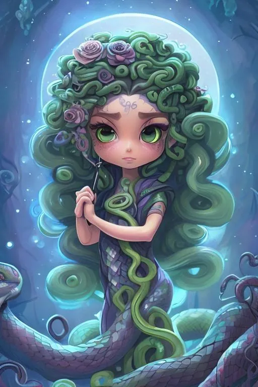 Prompt: beautiful chibi medusa with green snake hair, strong, brave, snakes, holding a knife, protector, flowers, aesthetic, disney, pixar, moon, stars, witchcraft, in a starry cloudy sky,  in ruins, award winning illustration, artstation, highres, large eyes, tarot card style, painting, magic