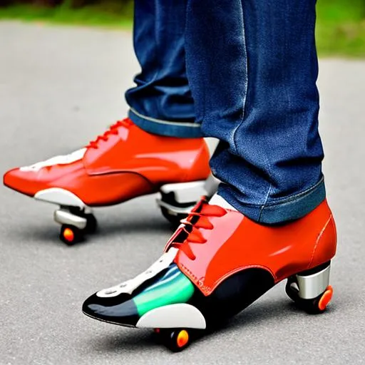 Prompt: derby shoes with rollerskate wheels attached.