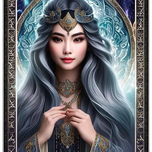 Prompt: Describes Aria, an ancient mage steeped in ancient wisdom. Her long, silver hair flows like silver threads, framing her serene, lined face. Her deep, penetrating eyes exude knowledge and experience. Aria's delicate, resplendent complexion reflects her connection to magical realms. She wears dark robes and adorned with ancient symbols, emanating power and authority. Her spirit is imbued with ancient knowledge and serenity, making her a revered and respected elder mage, which is hyper-realistic, 16k, modeled after Tim Walker, with a Hasselblad X1D II 50C camera and a prime lens, capturing the essence of mystery and adventure. Studio lighting and volumetric lighting were used, creating an ethereal and enchanting atmosphere. 16K, Ultra-HD, Super-Resolution. --v 5 --q 2