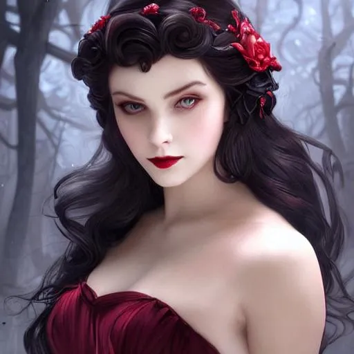 Prompt: Snow White as a vampire queen, long curly hair, intricate, elegant, highly detailed, digital painting, artstation, concept art, smooth, sharp focus, illustration, art by artgerm and greg rutkowski and alphonse mucha and william bouguereau, dark, eerie, gothic