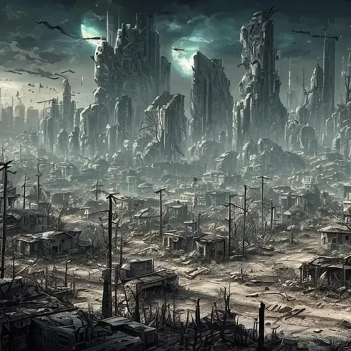 Prompt: Post apocalyptic town surrounded by dead trees and a futuristic city in the background 
