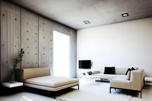 Prompt: Concrete minimalistic room with beige And white elements.