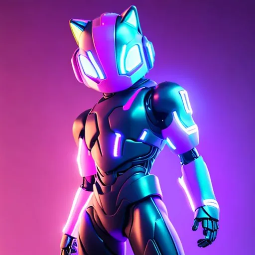 Prompt: Cyber, cat, cute, robot, likable, interesting, calm, center, neon, realistic, laser, symmetrical, purple, full body, humanized, Fortnite, blank background