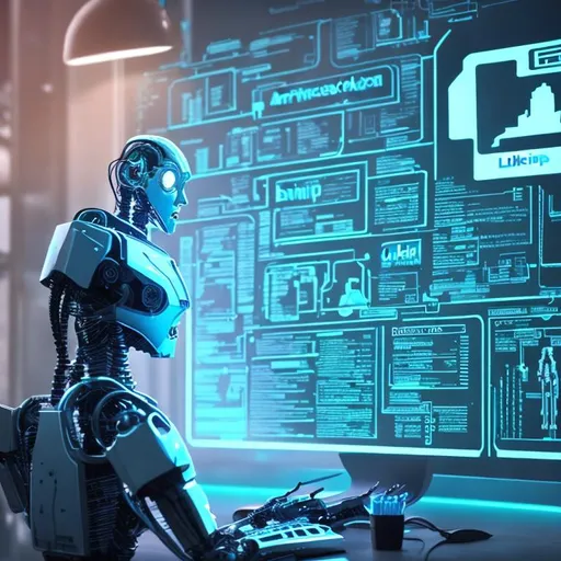 Prompt: A robot earnestly studying a LinkedIn profile on a futuristic computer, with gears turning and light bulbs illuminating while he is waving a red flag.