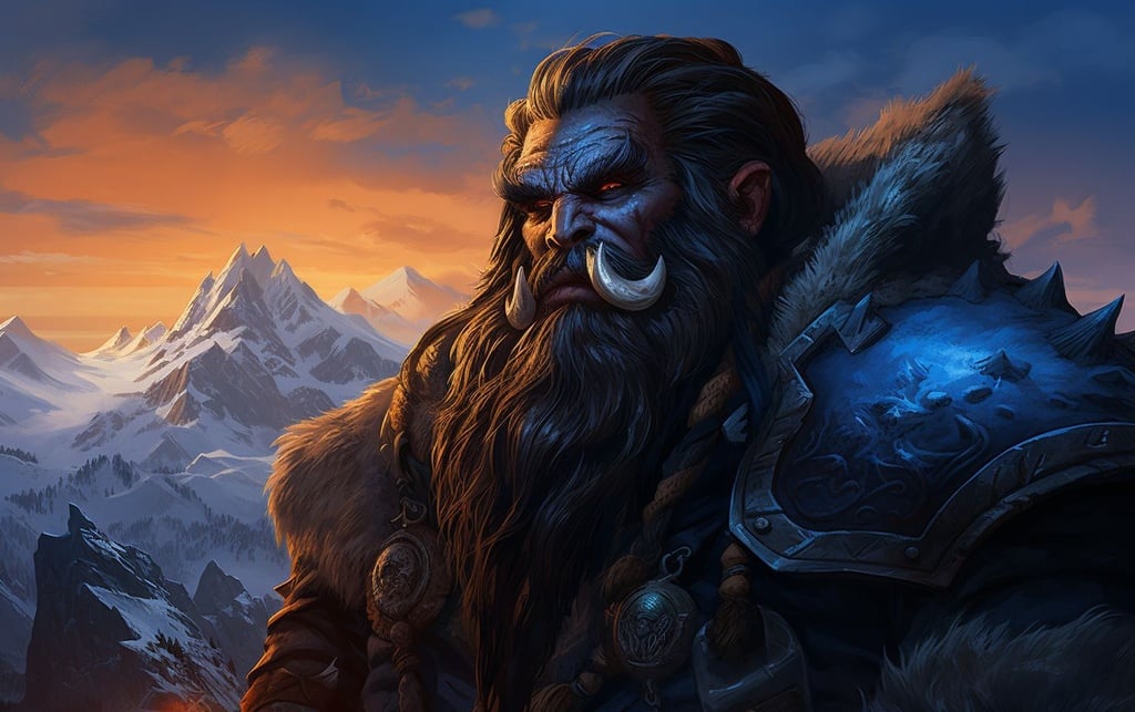 Prompt: warcraft ii: warlords of azeroth on the mountain, in the style of vibrant caricatures, blue and black, canon eos 5d mark iv, uhd image, free brushwork, vibrant murals, dark orange and sky-blue