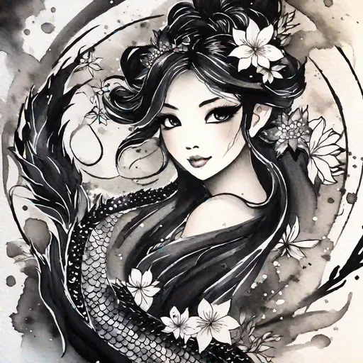 Prompt: in Japanese ink art style, dragon faerie, black colors, black scales, big emotional eyes, black-diamond sparkle, light rays, flower background, best quality, masterpiece 