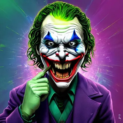 Prompt: "Diseña una imagen del Joker en alta definición. Muestra su rostro icónico con una sonrisa siniestra y ojos llenos de locura. El ambiente debe reflejar su personalidad caótica y decadente, con tonos oscuros y elementos perturbadores. Sé creativo y resalta los detalles que hacen del Joker un personaje emblemático."