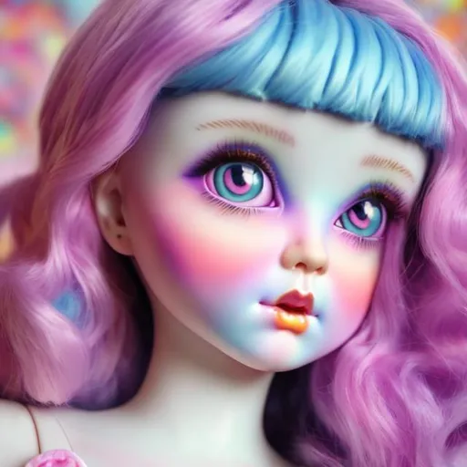 Prompt: Porcelain doll in the style of Lisa frank