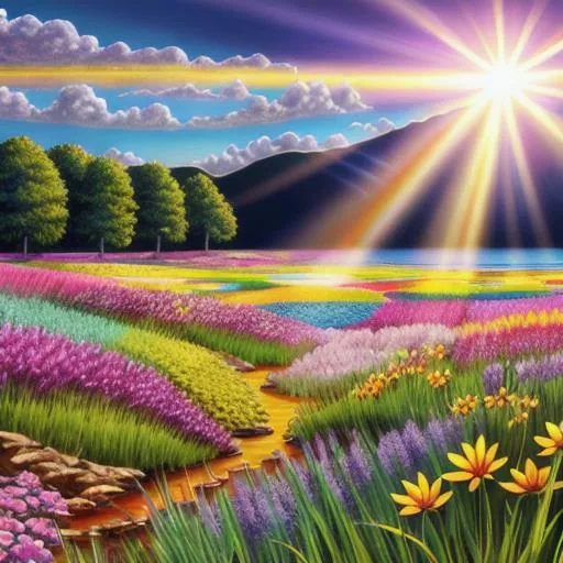 Prompt: Sun rays shining down over a field of multicolored flowers around a Lake, Vivid Colors, hyperdetailed, photorealistic, Beautiful Details, intricate Details, Colorful, Film Quality, 3D, 64K resolution, Dynamic Lighting, Sun Spot, Detailed Flower Peddles.