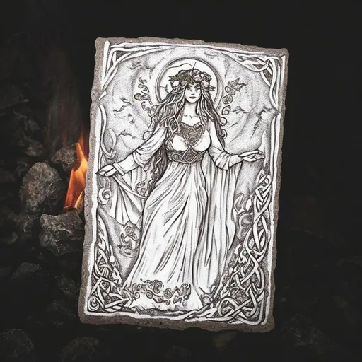 Prompt: celtic pagan goddess: Bridgid. Fire, herbal healing, water well, woman.