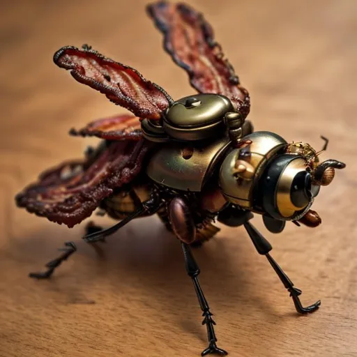 Prompt: a steampunk fly made out of bacon