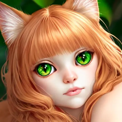 Prompt: Fairy goddess of cats, strawberry blonde, cat shaped  pupils in eyes, green eyes, closeup