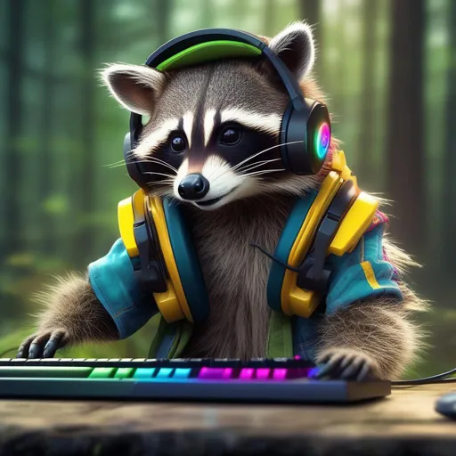 Prompt: cute Racoon wearing a colorful gaming headset with keyboard and mouse in front of him, forest theme realistic, hyper-realistic, realism, 32k, photography, hdr, 1080p, cinematic, splash art, concept art, fictional characters, mid shot, intricately detailed, colour depth, dramatic,