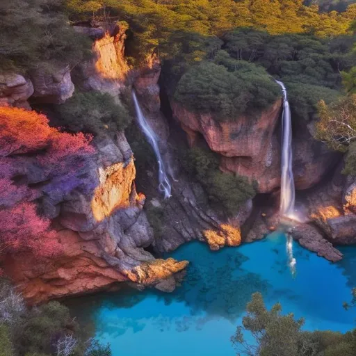 a vast cliff with a waterfall falling off the end opening up into a beautiful blue pond flanked by