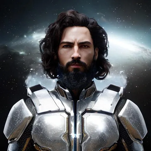 Prompt: Dark Fantasy style, a hyper realistic detailed image of a celestial masculine man, covered in nightly glow, looking straight ahead, body facing camera, camera top third of image, perfect composition, super detailed, sharp focus HDR, UDR, 120k, square jaw, light silver and black, silver shoulder plates, very short trimmed curly white hair, blue eyes, in a dark stary night-time fantasy background, dark hellish landscape