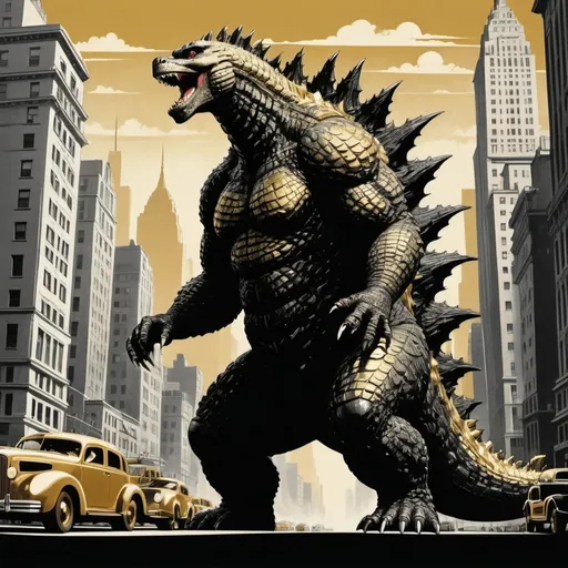 Prompt: a large godzilla-like monster in a large posh city. two-tone gold and black. art decco, 1940's New York style. heavily stylized. illustrative. movie poster