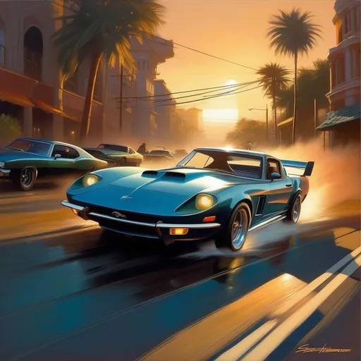 Prompt: Need for Speed Underground 2, car chase, cartoony, extremely detailed painting by Greg Rutkowski and by Henry Justice Ford and by Steve Henderson