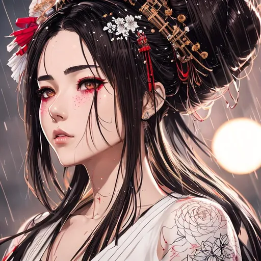 Prompt: Carne Griffiths, Conrad Roset, 3D, full body, anime girl, Full HD render + immense detail + dramatic lighting + well lit + fine | ultra - detailed realism, 1girl, close ups, 21 years old, japanese girl, medium lenght silk black with white highlight, buns, light brown eyes, mix of samurai and geisha clothes, raining, japanese castle in the background, highly detailed, detailed and high quality background, oil painting, digital painting, Trending on artstation , UHD, 128K,  quality, Big Eyes, artgerm, highest quality stylized character concept masterpiece, award winning digital 3d, hyper-realistic, intricate, 128K, UHD, HDR, image of a gorgeous, beautiful, dirty, highly detailed face, hyper-realistic facial features, cinematic 3D volumetric, illustration by Marc Simonetti