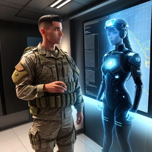 Prompt: (((a modern United States Military soldier talking to a translucent AI hologram figure, translucent AI body, professional))), (((hyper photorealistic))), (((12K resolution))), (having a professional conversation, examining a map), (((hyper quality))), (((hyper-detailed))), (((12K raytracing))), ((realistic lighting)), ((realistic shadows)), ((realistic textures)), (realistic reflections), ((depth of field)), full body view