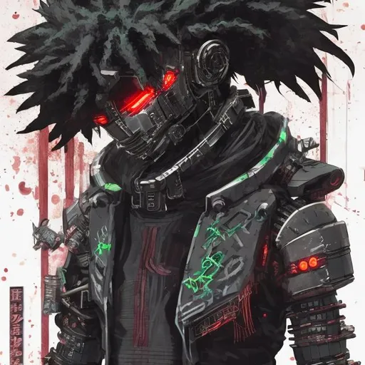 Prompt: Deku. Futuristic Shogun styled armour and mask. cyber enhancements. Scars, tattoos and piercings. Dark and edgy with neon accents. Cyberpunk style. Raw. Gritty. Dirty.