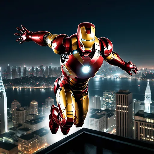 Prompt: Iron Man flying over a cityscape at night.