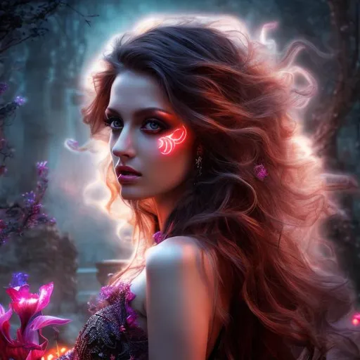 Prompt: HD 4k 3D professional modeling photo hyper realistic beautiful enchanting sorceress woman dark curly flowing hair pale skin dark eyes gorgeous face dark red dress tower with flowers and paintings landscape glowing lights hd background ethereal mystical mysterious beauty full body