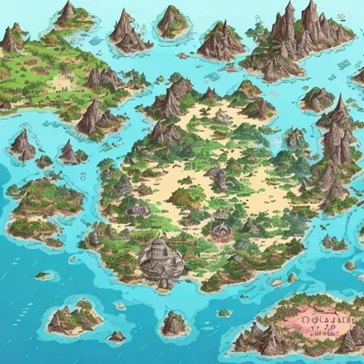 Prompt: Environment map, one piece . Large ocean in the middle of the map containing four large green islands, the ocean is surrounded by land, gothic mountains, bright sparkling waterfalls, pink and blue grasslands, purple and mauve forests, bold colours, intricate, highly detailed, cartographic