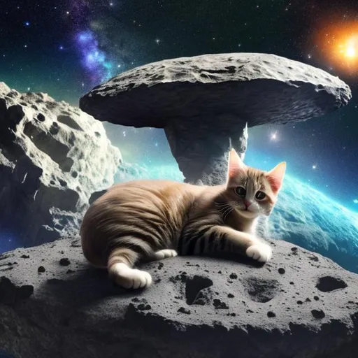 Prompt: cat laying on an asteroid, pawing at a ufo in the milky way galaxy 