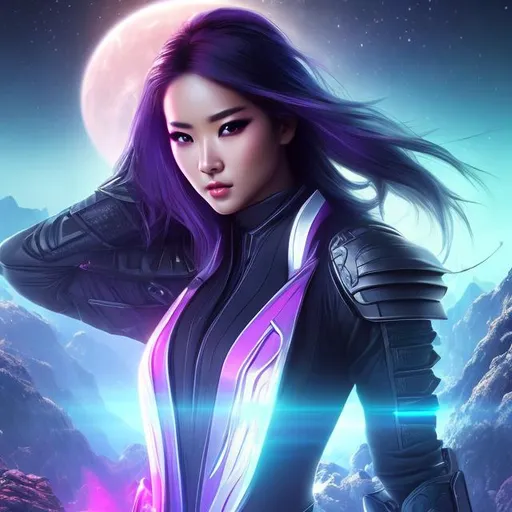 Prompt: create photograph of beautiful female ninja who is wearing bright futuristic ninja robes,  night time and beautiful sky  space and planets an nebulae in sky highly detailed, detailed face, extremely detailed environment, extremely detailed background, extremely detailed skin, extremely detailed clothing, natural colors , professionally color graded, photorealism, 8k, realistic, moody lighting, galactic environment, volumetric lighting