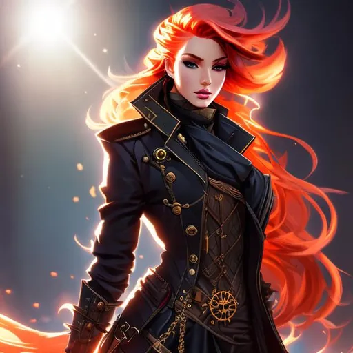 Prompt: Splash art, genasi, trench coat, ginger, flame hair,  steampunk, victorian, sci-fi, very detailed character, backlight, backlit