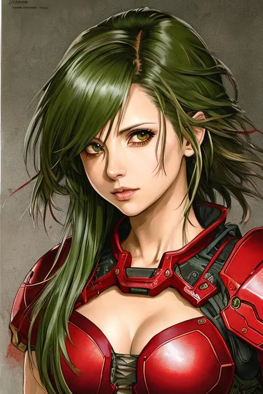 Prompt: (((Yoji Shinkawa))), sticker of ultra detailed portrait of Sarah Michelle Gellar  in red holy armor,  high quality cell shaded illustration in post apocalyptic style by Yoji Shinkawa, ((full body)), dynamic pose,Dark green hair, perfect anatomy, centered, freedom, Dark green hair, soul. Dark green hair, approach to perfection, cell shading, 4k , cinematic dramatic atmosphere, watercolor painting, global illumination, detailed and intricate environment, artstation, concept art, fluid and sharp focus, volumetric lighting, cinematic lighting, Art by Yoji Shinkawa,