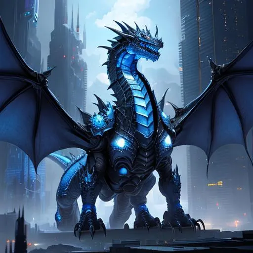 Prompt: Blue color silver armored dragon in a futuristic city background. Fantasy art 