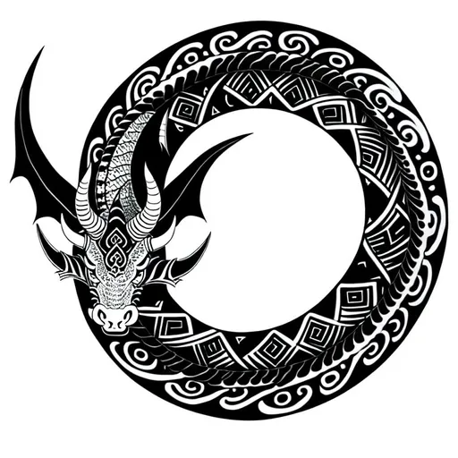 Prompt: scary dragon bull wrapped tribal ring tattoo, simple clean lines, swallowing end of tail, empty center, black ink only,  tattoo art by Taku Oshima 