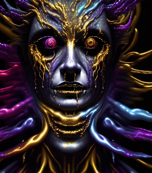 Prompt: Horror, Eerie, Spooky psychedelic 
 cinematic, Nebula, 3D, HD, {Male God}liquid gold silver, expansive cosmic background, supernova, freeform dark chaos, hyper realistic, 8K --s98500