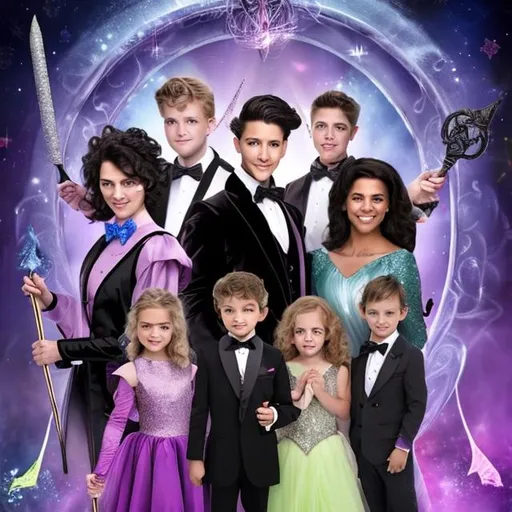 Prompt: Family of male magicians all warring tuxedos with bow ties and and fairy godmothers in ball gowns casting spells with their magic wands