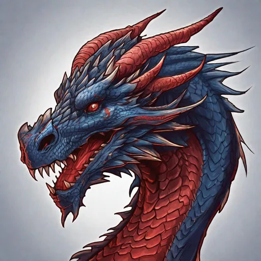 Prompt: Concept design of a dragon. Dragon head portrait. Coloring in the dragon is predominantly dark blue with subtle red streaks and details present.