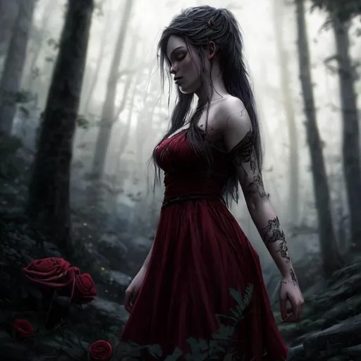 Prompt: scene view, walking, long hair, female, high fantasy, fine details, realistic shaded, looking off into a forest, grunge, dark, Unreal Engine, Beautiful, Hd Photography, Hyperrealism, long red dress, high contrast, detailed face, roses, fog,