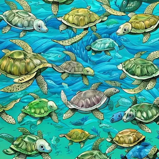 Prompt: a green fish swarm, in the middle is a blue turtle with a hat and a jacket on, water is coloured and shining, in the background is a riff with a lot of shells