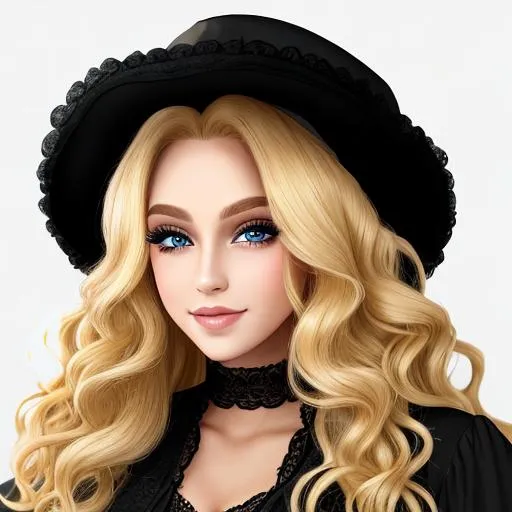 Prompt: A beautiful woman dressed in black, long  blonde very curly hair,  wearing a cute hat, facial closeup